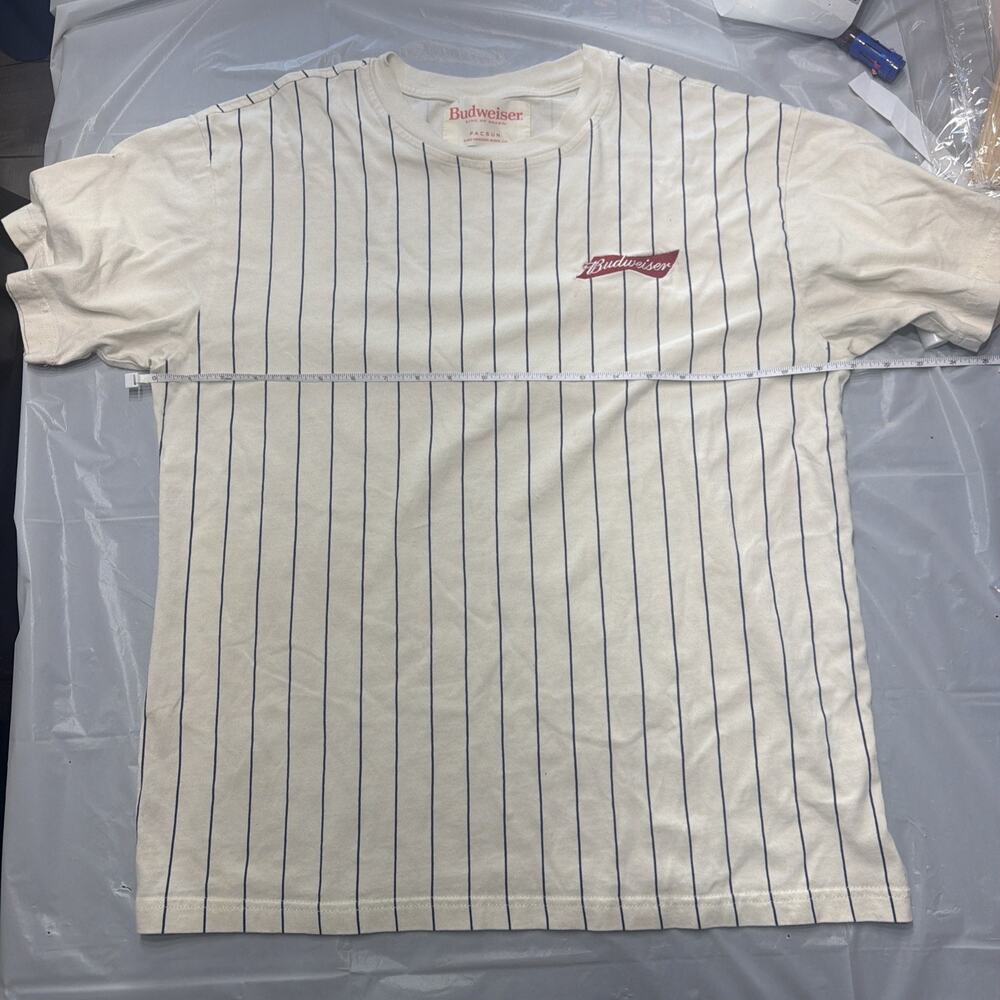 PacSun Budweiser T-Shirt Mens M Cream Pinstripe Embroidered Logo Single Stitch
